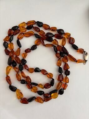 Vintage Amber Long Beaded Necklace Sterling Silver Clasp Signed ZIV 925 USA